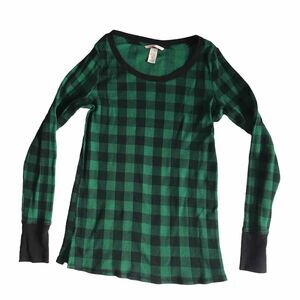 Victorias Secret Green Black Plaid Waffle Knit Long Sleeve Shirt PJ Pajamas XS